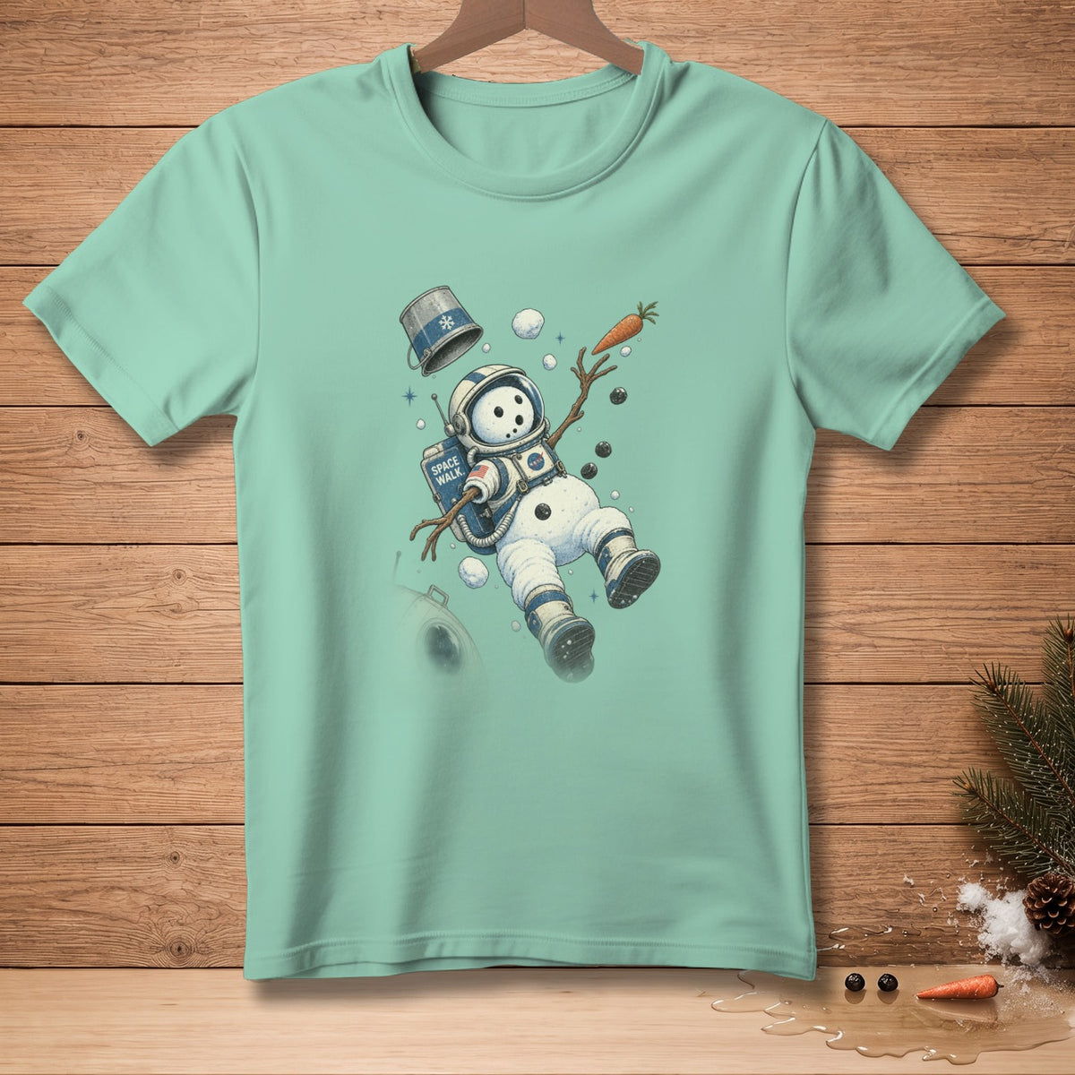 Snowman astronaut in space with bucket and carrot.