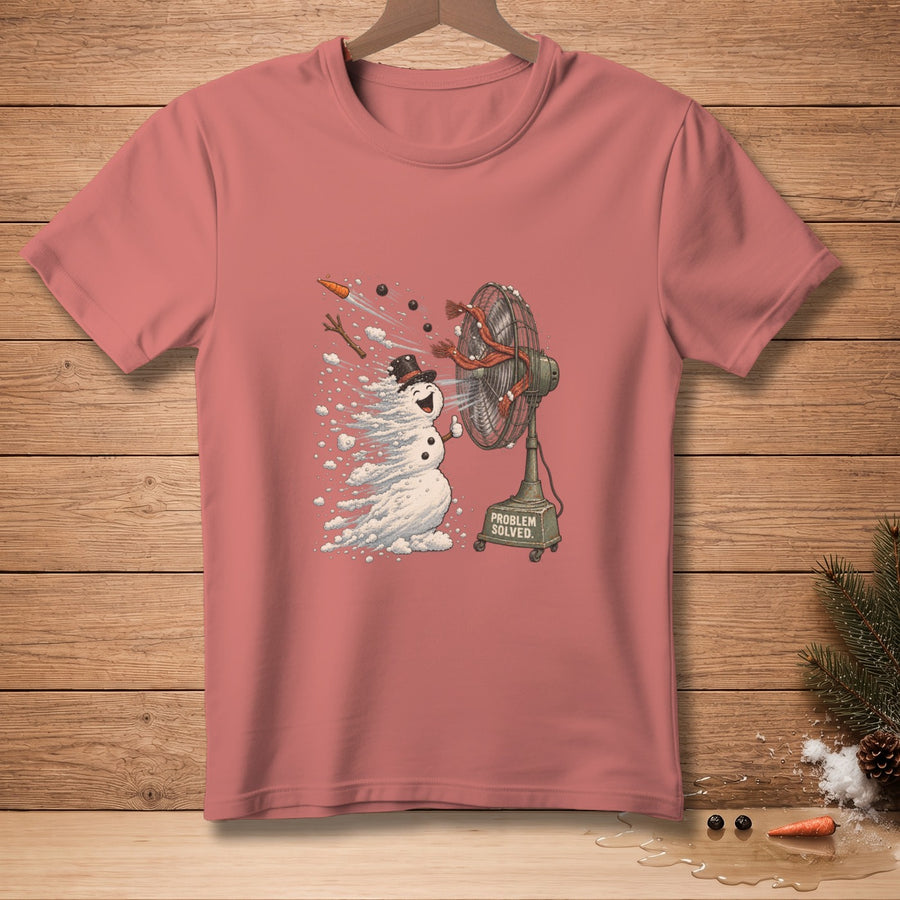 Snowman melting from a fan, with text "PROBLEM SOLVED."