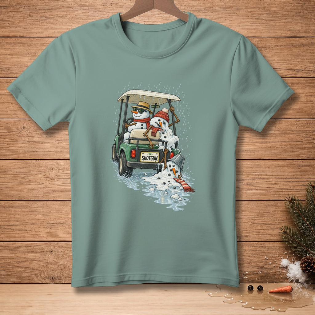 Snowmen melting in a golf cart in the rain, with "SHOTGUN" license plate.