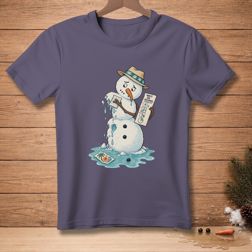 Melting snowman wearing hat, holding instructions with text "WAIT 30 SECONDS".