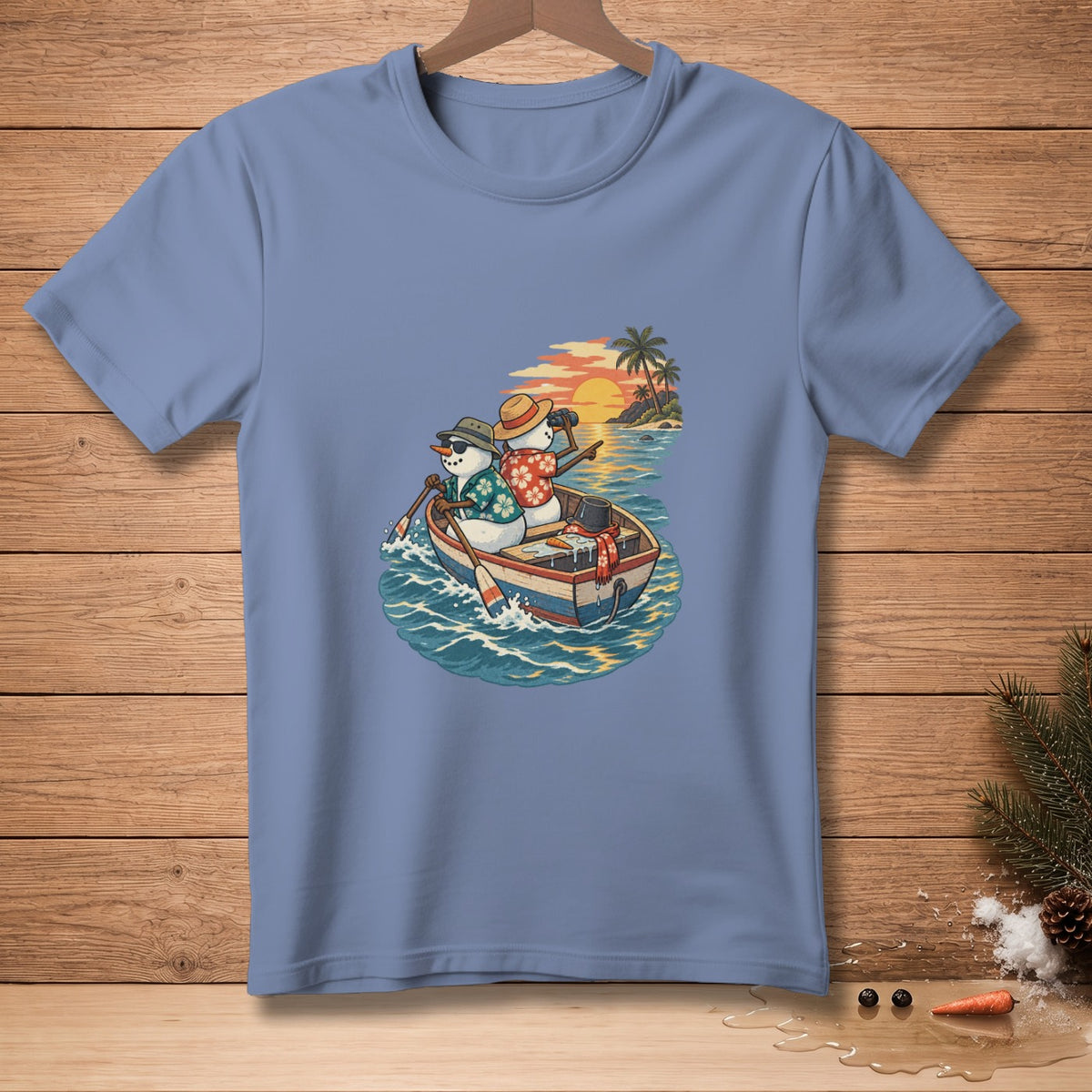 Two snowmen in a rowboat with oars, heading towards a tropical island at sunset.