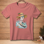 Snowman in a hat and sunglasses riding a jet ski with "Sun Smart" text.
