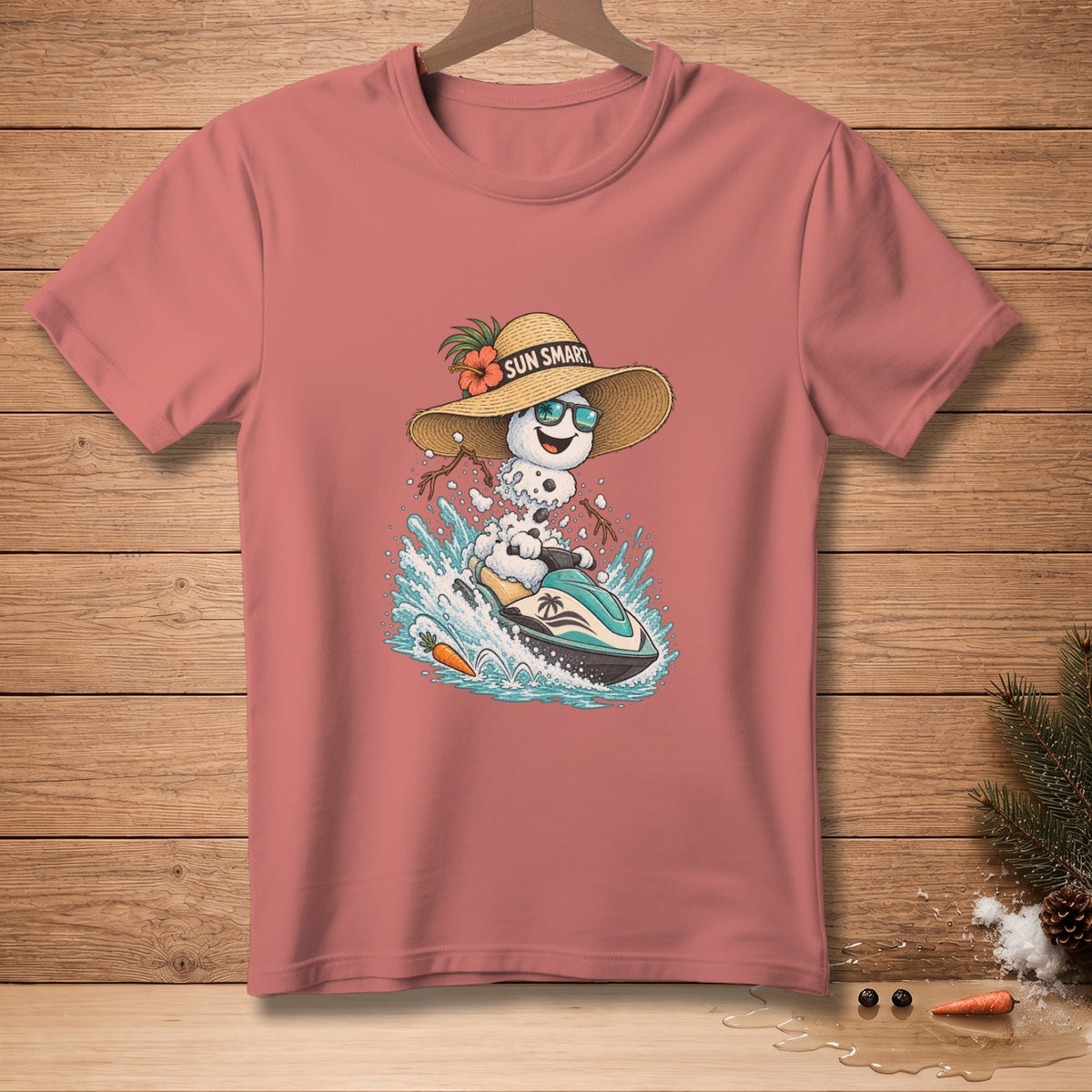 Snowman in a hat and sunglasses riding a jet ski with "Sun Smart" text.
