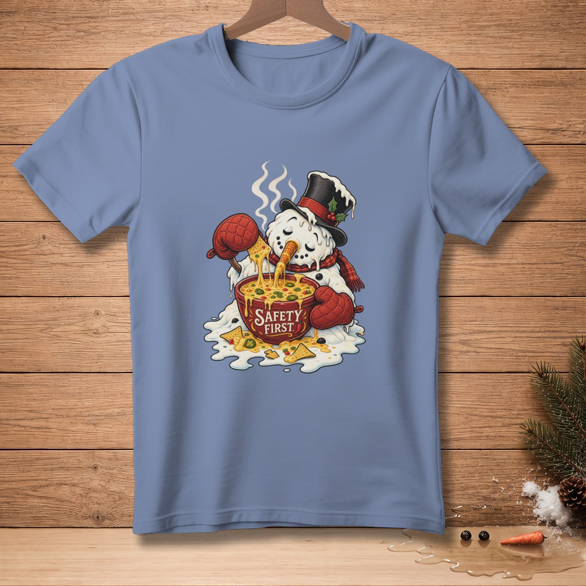 Snowman with melting cheese nachos and a hat that says "Safety First."