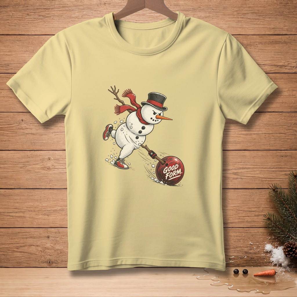 Snowman bowling with a red ball labeled "GOOD FORM."