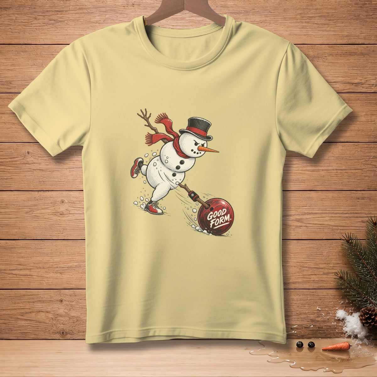 Snowman bowling with a red ball labeled "GOOD FORM."