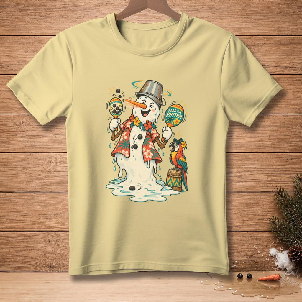 Melting snowman with maracas, parrot, and text "Feel the Rhythm."