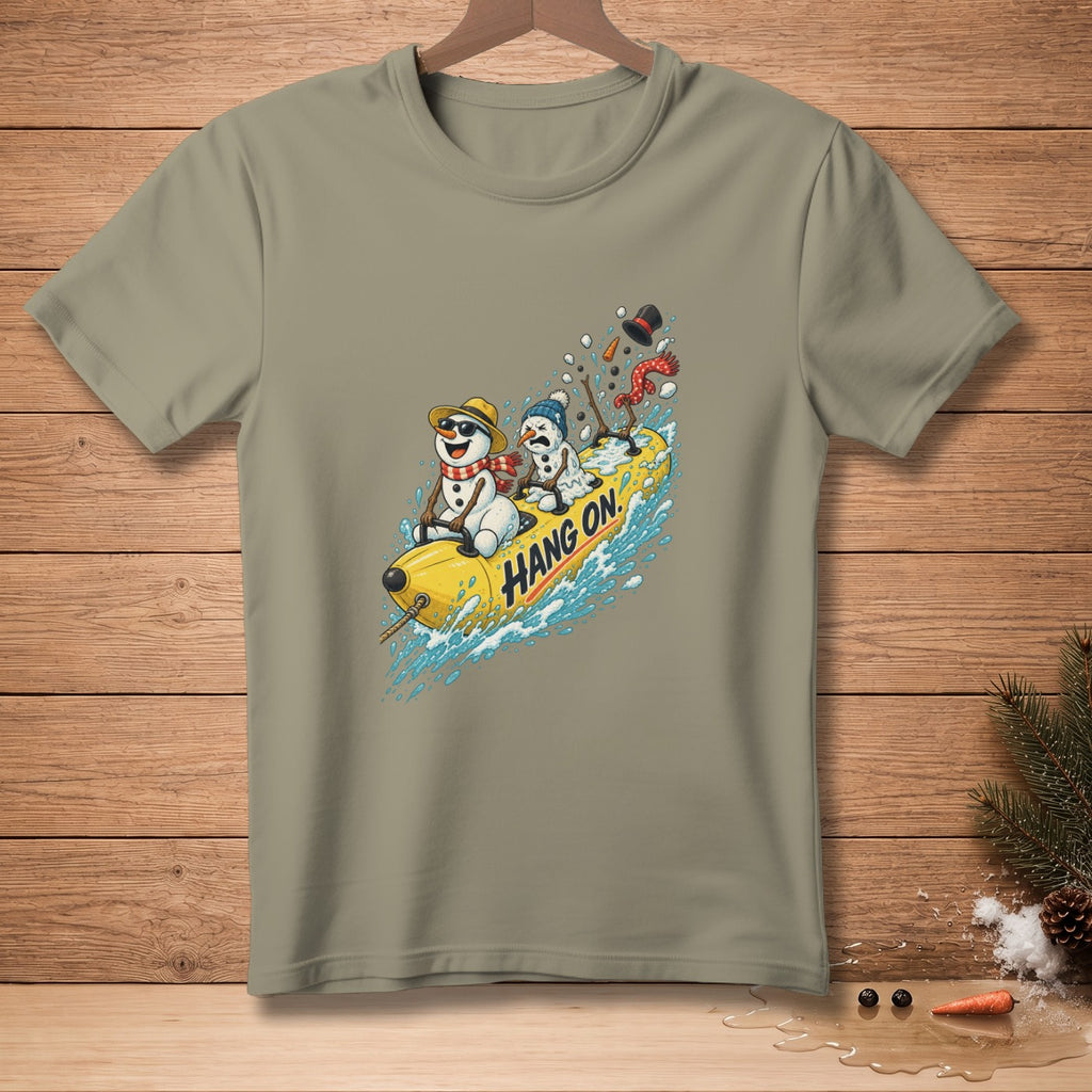 Two snowmen on a yellow tube with "HANG ON" text in splashing water.