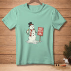Melting snowman with carrot arm and "Free Refills" sign on light blue t-shirt.