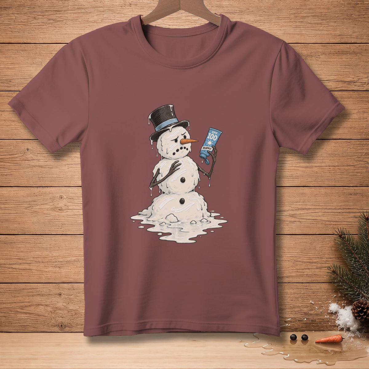 Melting snowman wearing a hat holds SPF 100 sunscreen bottle.