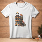 Two snowman firefighters stand with an axe, one holding a helmet.