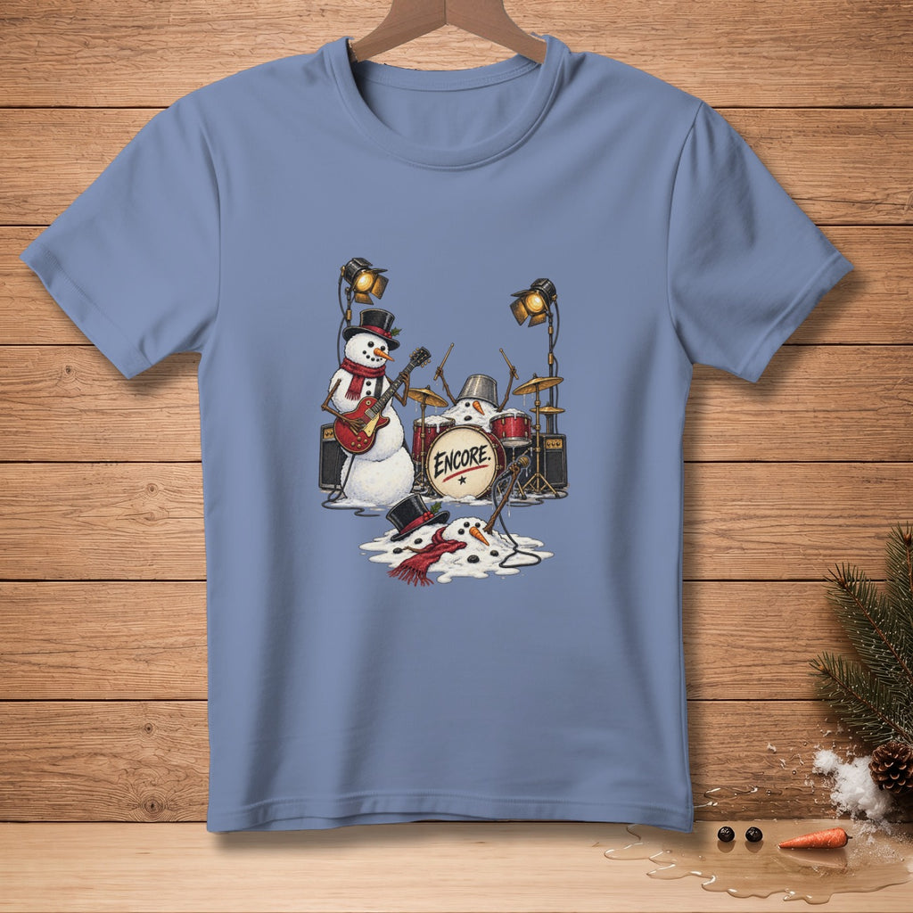 Snowman band plays music with "Encore" on the bass drum, with melted snowmen.
