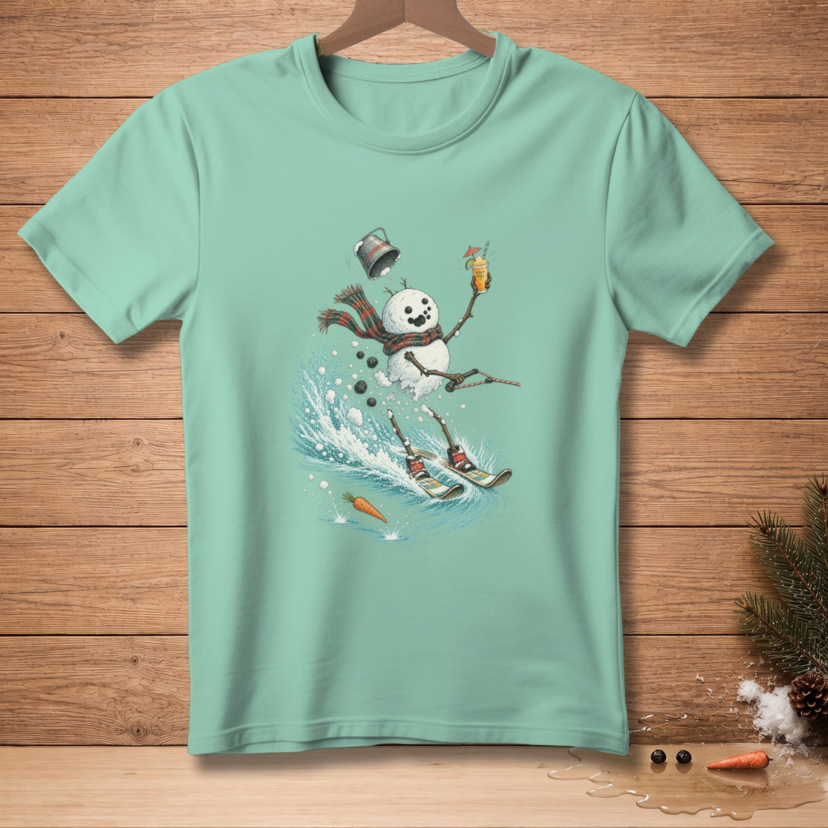 Snowman skiing and holding a drink, with a carrot splashing water.