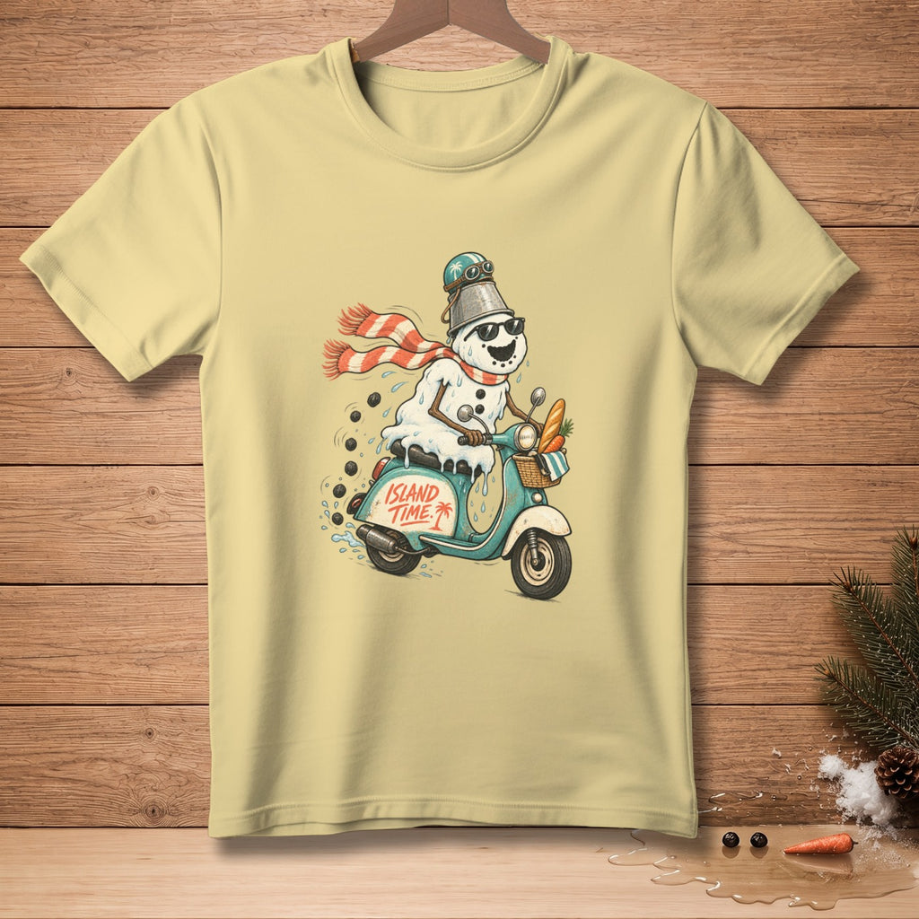 Snowman wearing a bucket helmet and sunglasses rides a scooter with "Island Time" text.