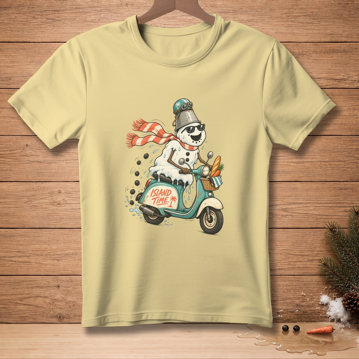 Snowman wearing a bucket helmet and sunglasses rides a scooter with "Island Time" text.