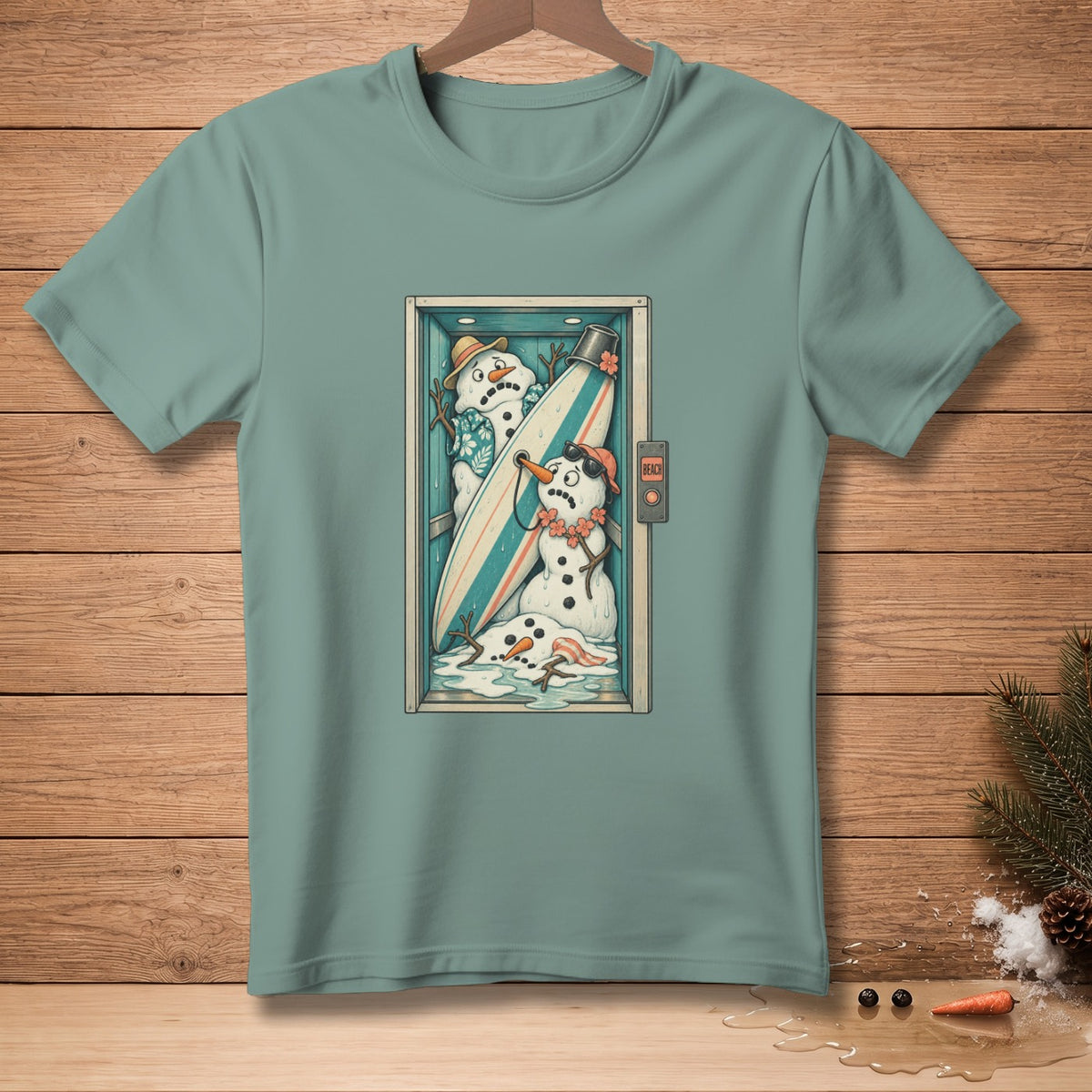 Melting snowmen with a surfboard in a subway car, text reads "Beach."