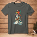 Melting snowman playing ukulele with parrot singing on a grey t-shirt.