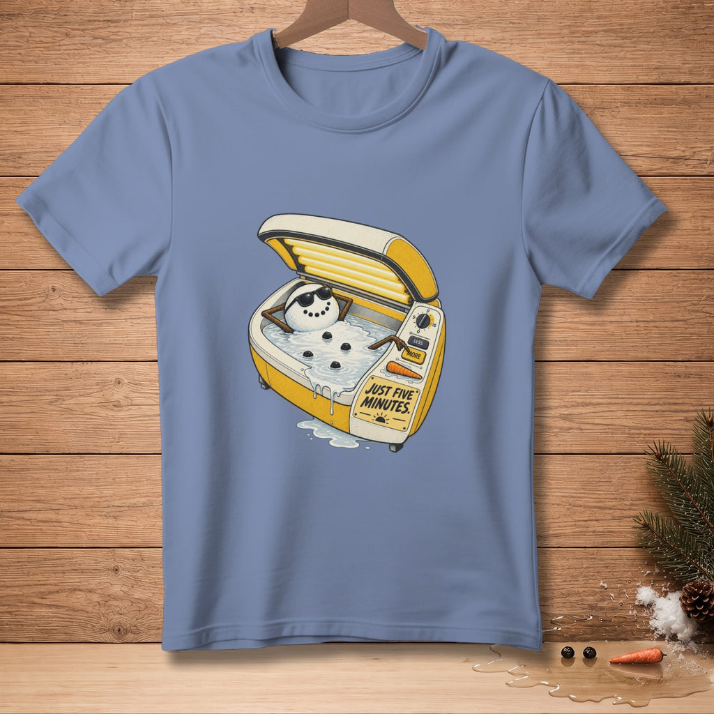 Snowman with sunglasses tanning in a yellow tanning bed with text "JUST FIVE MINUTES".
