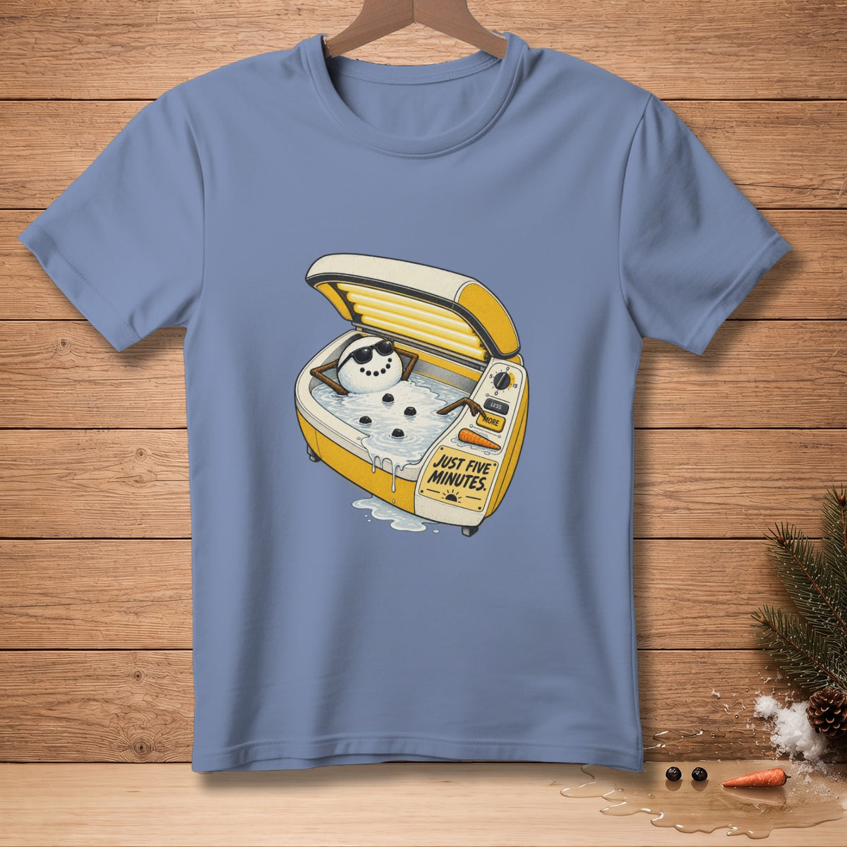 Snowman with sunglasses tanning in a yellow tanning bed with text "JUST FIVE MINUTES".