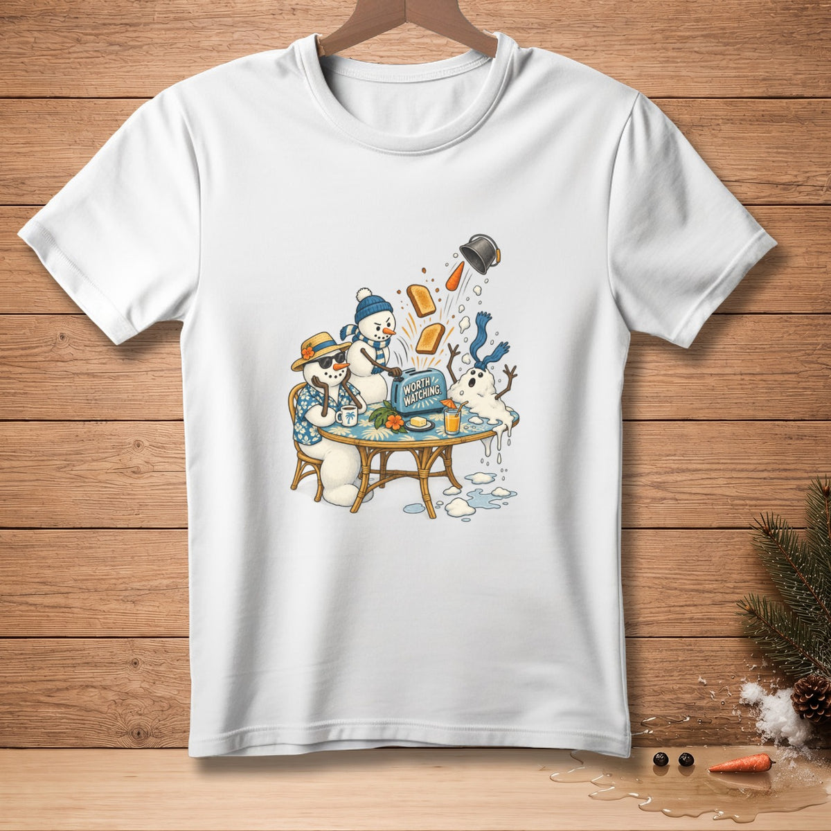 Snowmen sitting at a table with toast popping from a toaster.