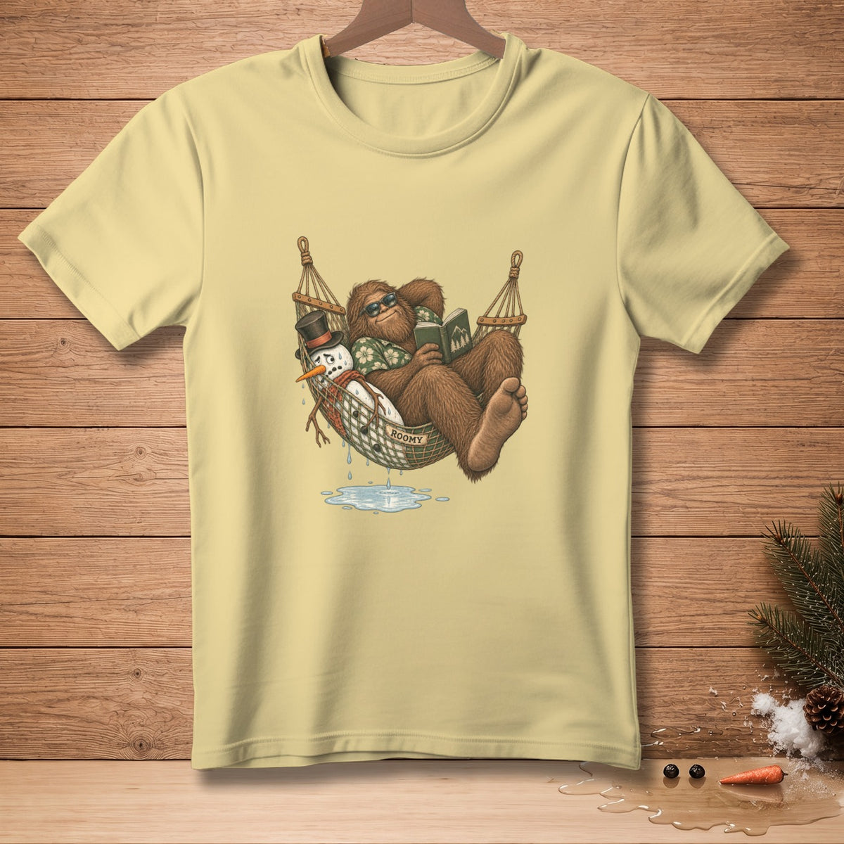 Bigfoot relaxing in a hammock with a snowman, reading a book.