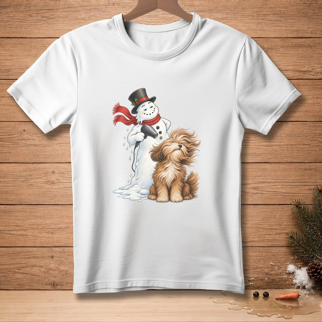 Snowman with top hat and scarf blows dry a fluffy dog with a hairdryer.