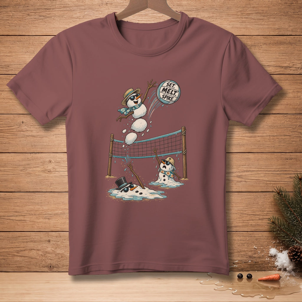 Snowmen playing volleyball with text "SET. MELT. SPIKE." on the ball.