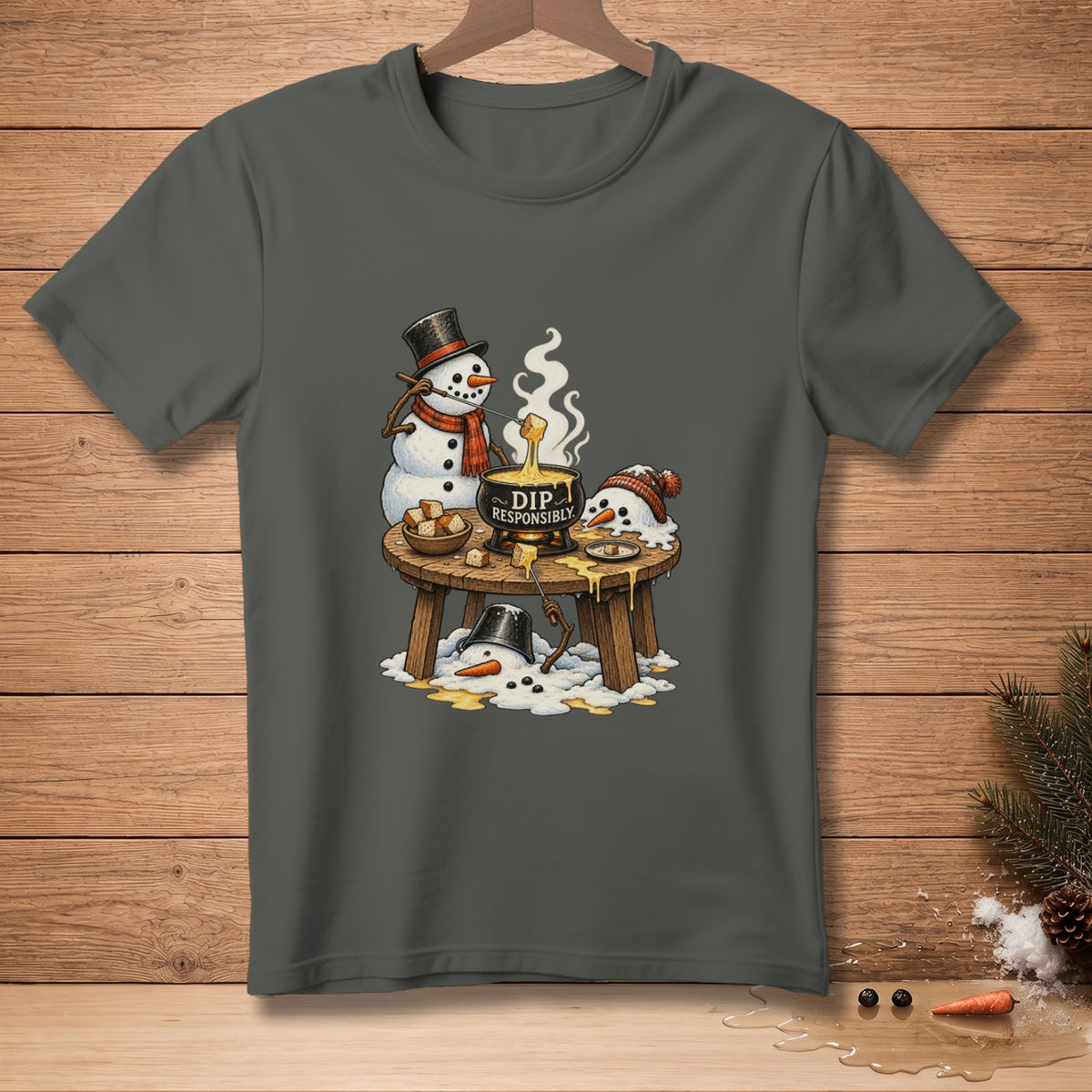 Snowmen enjoying fondue with "DIP RESPONSIBLY" text on the pot.