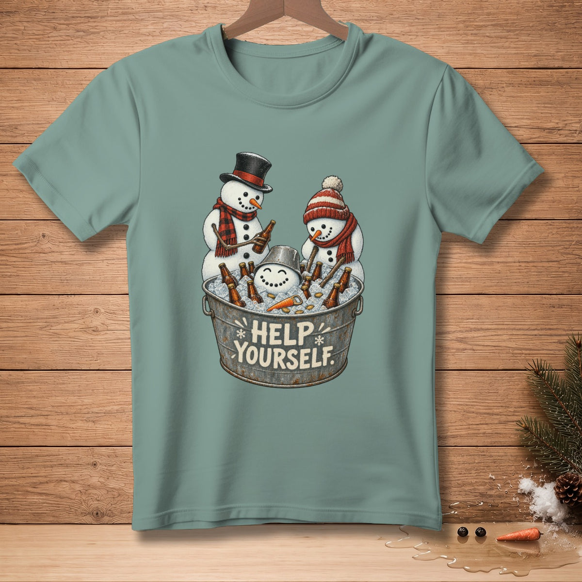 Three snowmen in a bucket filled with ice and beer bottles, with text "HELP YOURSELF".