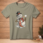Melting snowman toasting marshmallow with a blowtorch labeled "MORE HEAT."