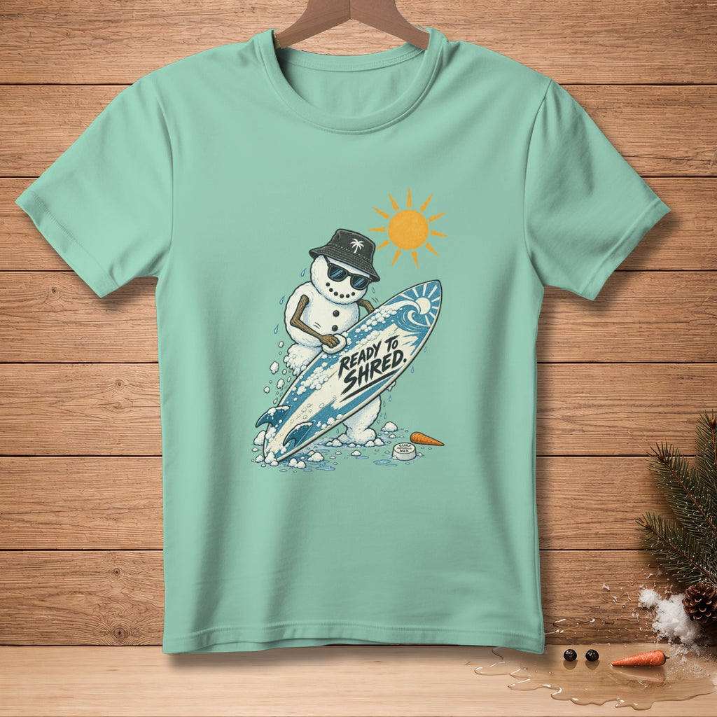 Snowman in sunglasses and bucket hat holding surfboard with text "READY TO SHRED".