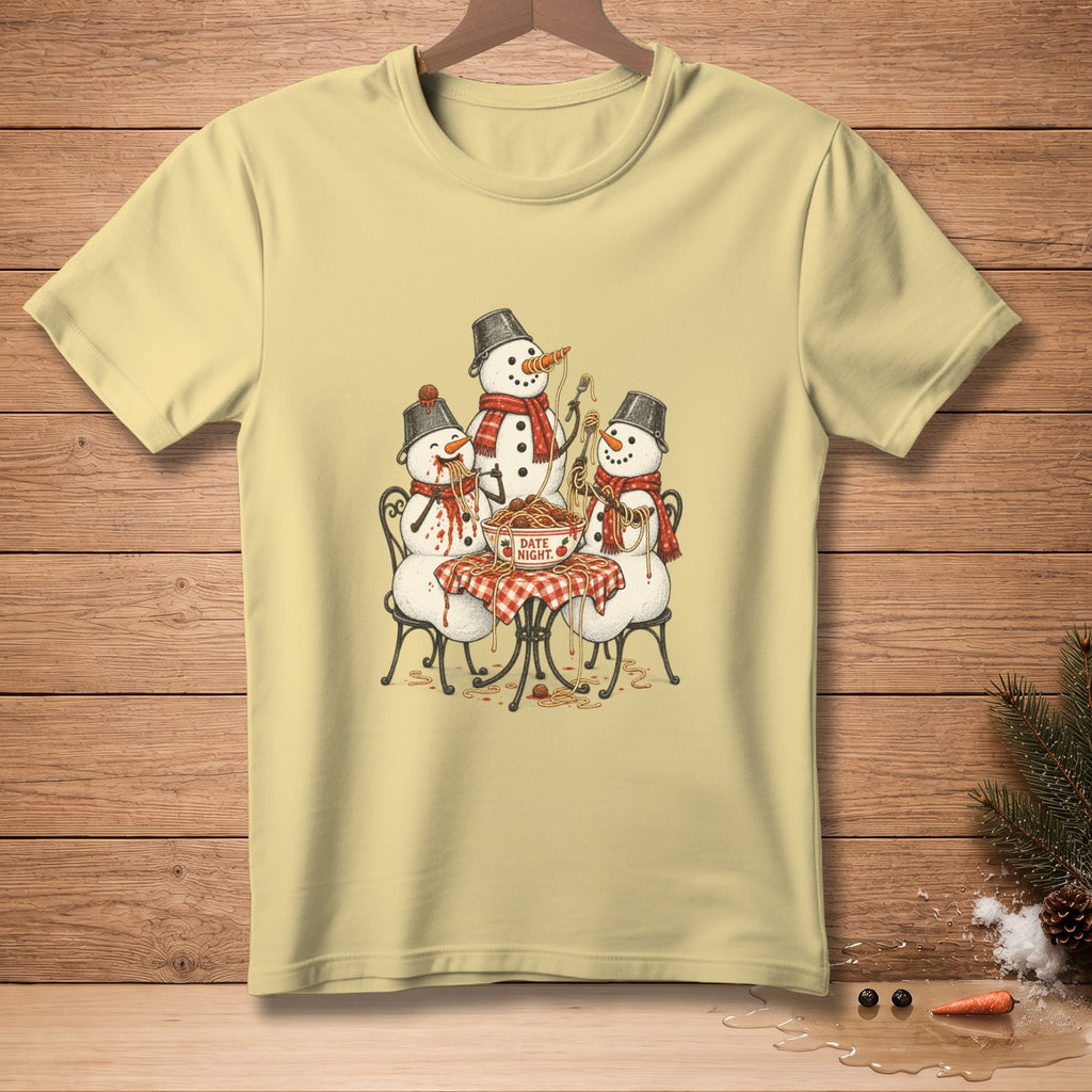 Three snowmen eat spaghetti at a table with a sign that reads "DATE NIGHT".