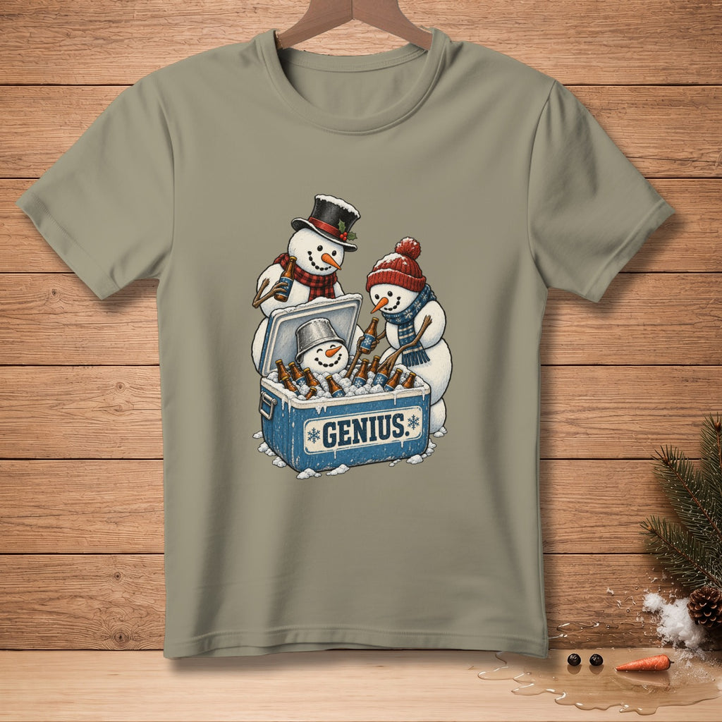 Three snowmen with drinks gathered around a cooler labeled "GENIUS" on a shirt.