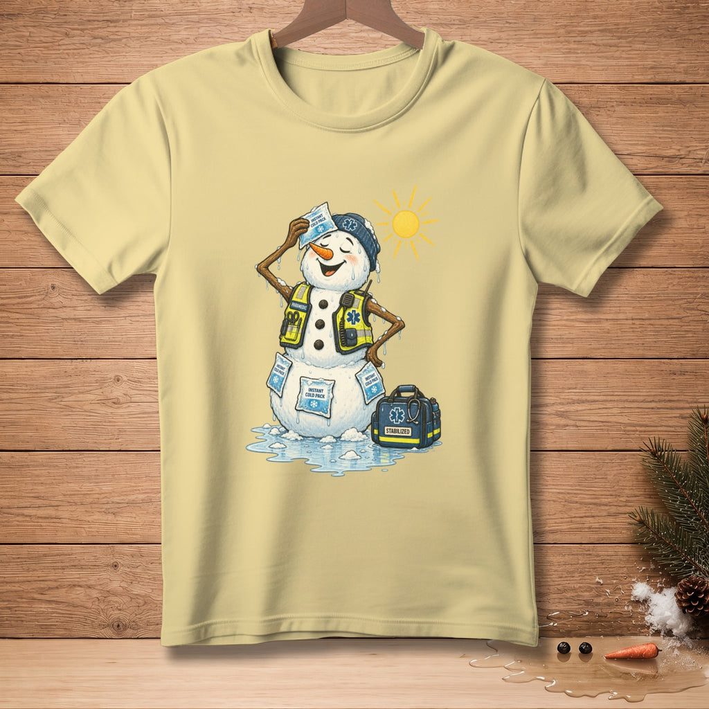Melting snowman wearing paramedic vest, holding cold packs, next to medical bag.