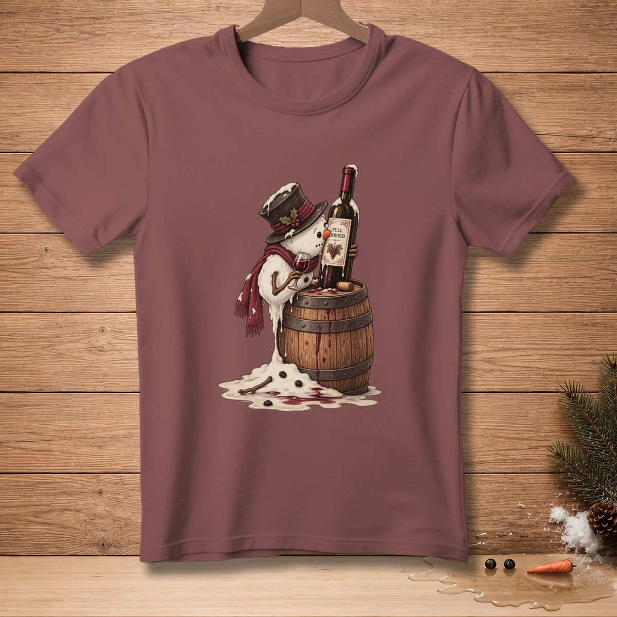 Melting snowman in top hat holds wine glass by a barrel with wine bottle.