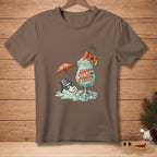 Brown t-shirt with a melting snowman and a "Happy Hour" drink graphic.