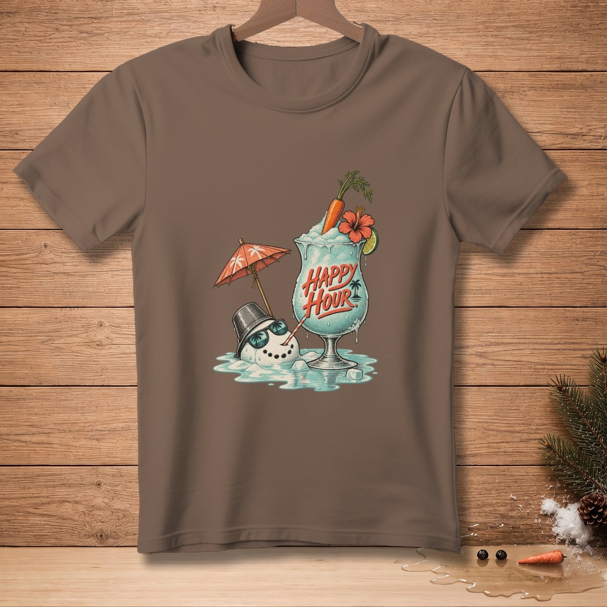 Brown t-shirt with a melting snowman and a "Happy Hour" drink graphic.