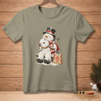 Snowman with donut and "No Mess Bakery" bag on t-shirt.
