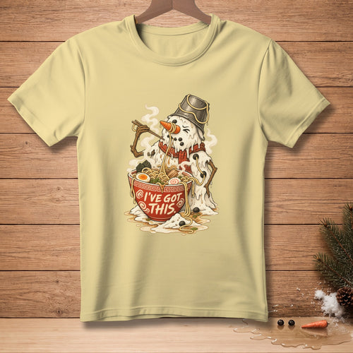 Melting snowman with bucket hat eating ramen, text "I'VE GOT THIS".