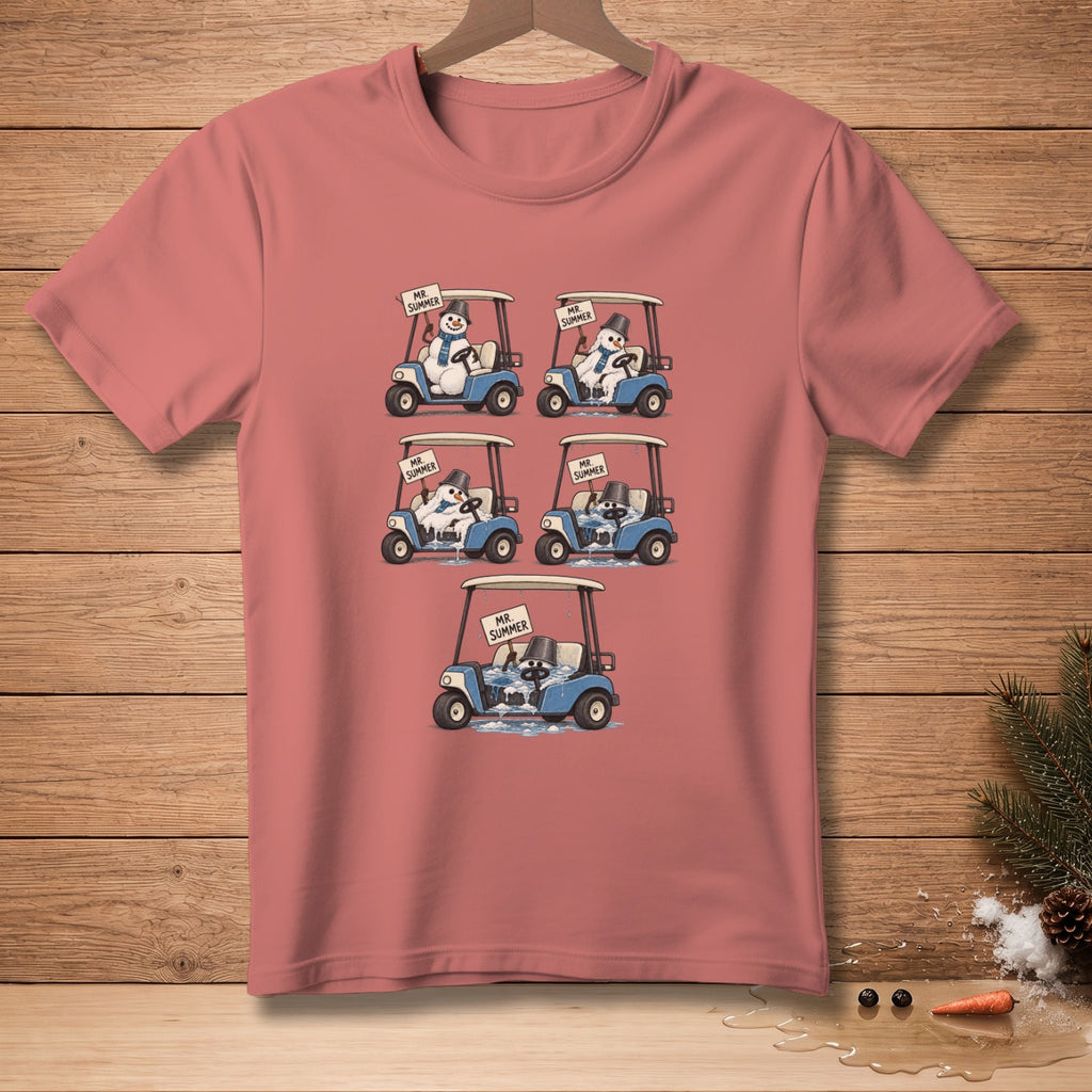 T-shirt graphic of snowmen in golf carts, holding "Mr. Summer" signs.