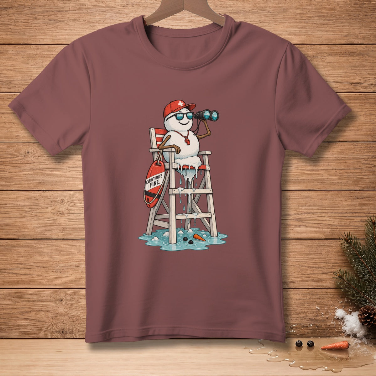 Snowman lifeguard with binoculars on a melting rescue chair, with "Everything's Fine." text.
