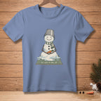 Melting snowman in meditation pose with bucket hat and text "LET IT GO."