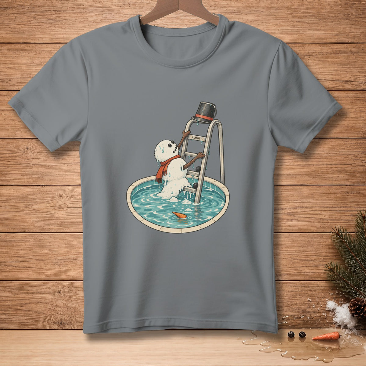 Melting snowman climbing ladder into pool, with "ALMOST" text on ladder.