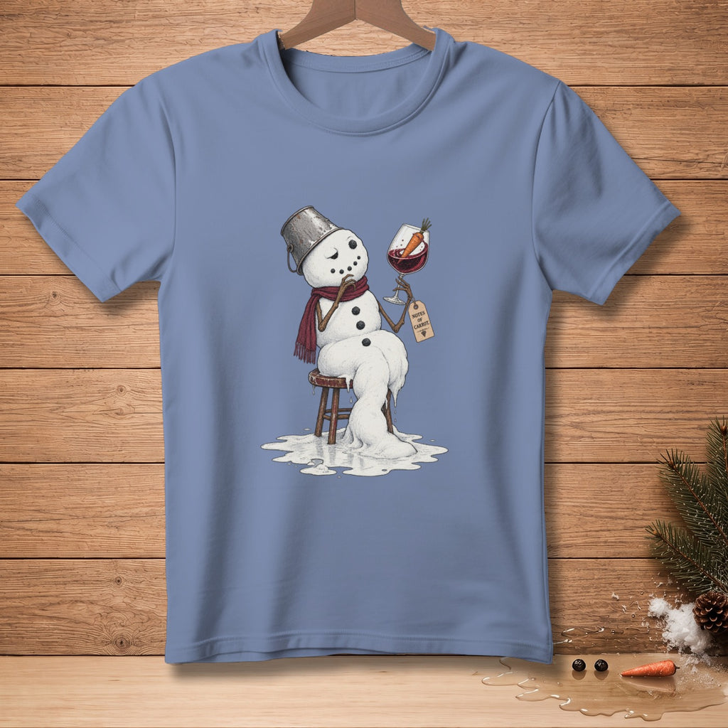 Melting snowman with bucket hat, scarf, and wine glass holding a carrot.