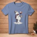 Melting snowman with bucket hat, scarf, and wine glass holding a carrot.