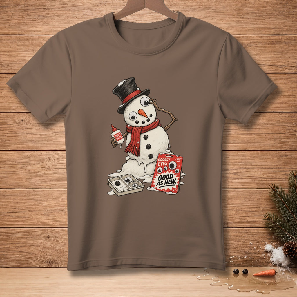 Melting snowman with craft glue and googly eyes kit that says "Good As New".