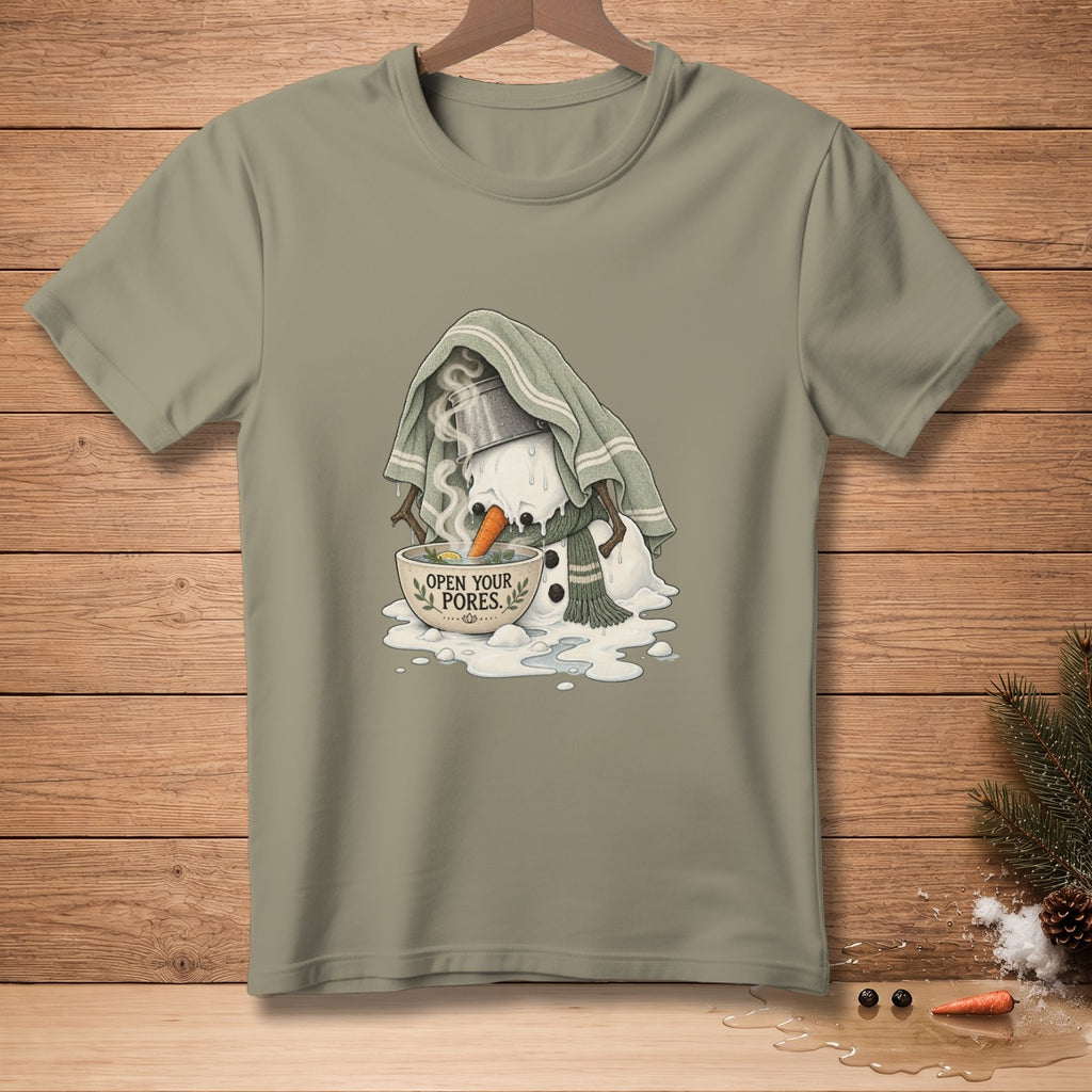 Melting snowman in a bowl of steam with text "OPEN YOUR PORES."