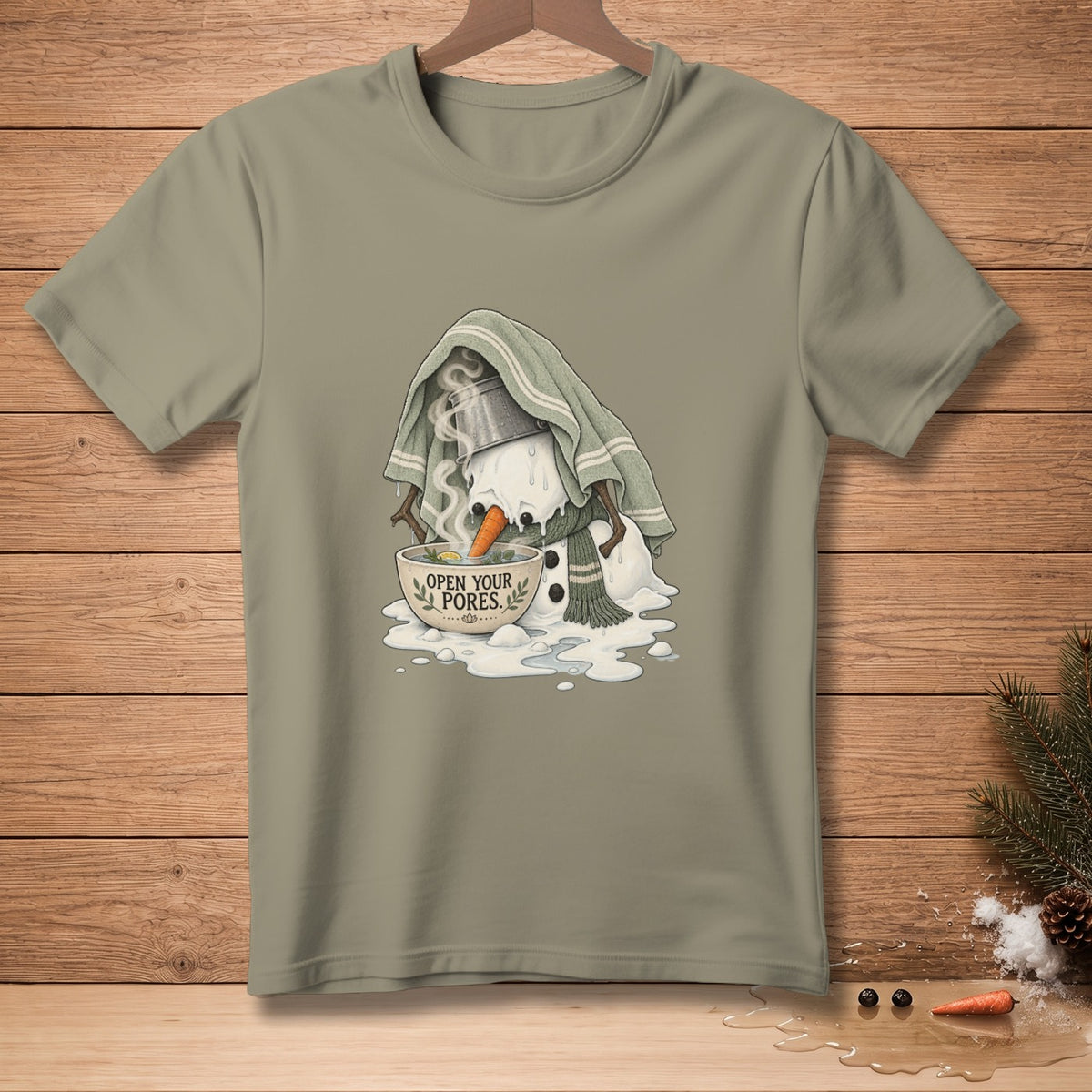 Melting snowman in a bowl of steam with text "OPEN YOUR PORES."