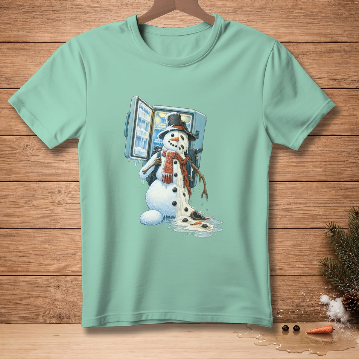 Mint t-shirt with melting snowman and open freezer graphic.