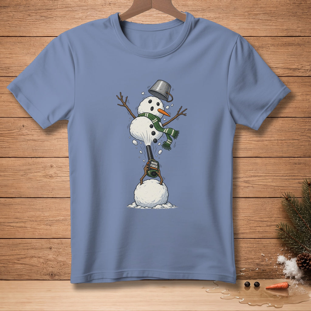 Snowman with bucket hat and scarf operating a leaf blower with "More Power" text.